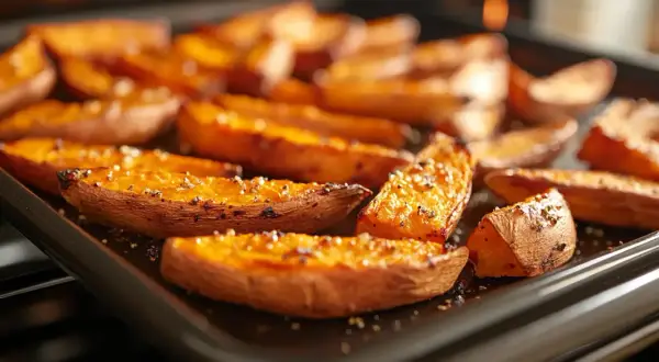 Pieczone frytki z batatów posypane solą i pieprzem. Idealne pytanie: jakie przyprawy do frytek z batatów?