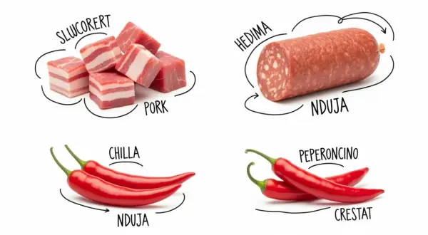 Kawałki wieprzowiny, salami nduja, papryczki chili i peperoncino.