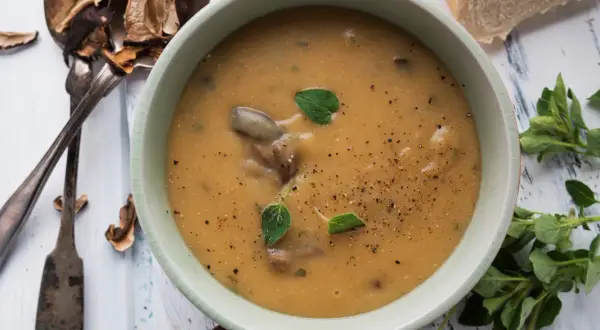 Aksamitna zupa grzybowa z suszonych grzybów, doprawiona świeżo mielonym pieprzem i ozdobiona listkami oregano. Obok leżą suszone grzyby i kromka chleba.