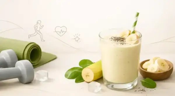 Szklanka koktajlu bananowego z nasionami chia, obok plastrów banana, liści i sprzętu do ćwiczeń.