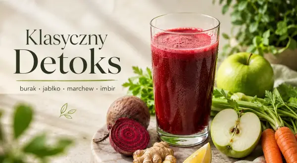 Szklanka czerwonego soku z buraka, obok buraki, jabłko, marchew, imbir i cytryna.
