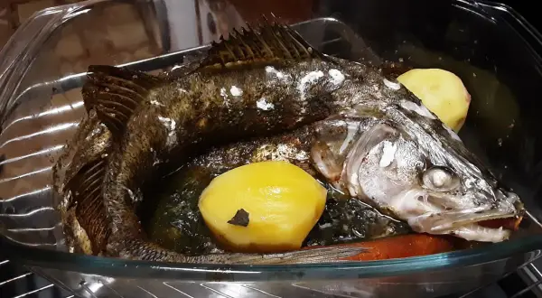 Pieczony sandacz z ziemniakami i marchewką w naczyniu żaroodpornym.