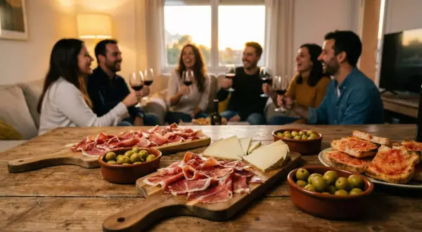 Stół z tapas: szynka, ser, oliwki i pieczywo z pomidorami, w tle ludzie pijący wino.