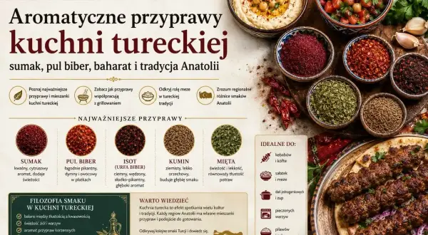 Miseczki z przyprawami: sumak, pul biber, isot, kumin, mięta, obok hummus i sałatka.