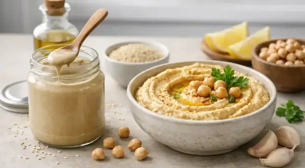 Pasta sezamowa tahini w słoiku, miska hummusu, ciecierzyca, cytryna i czosnek.