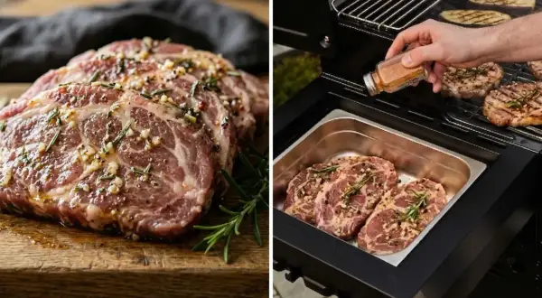 Surowe plastry karkówki z ziołami i czosnkiem na desce i w grillu.