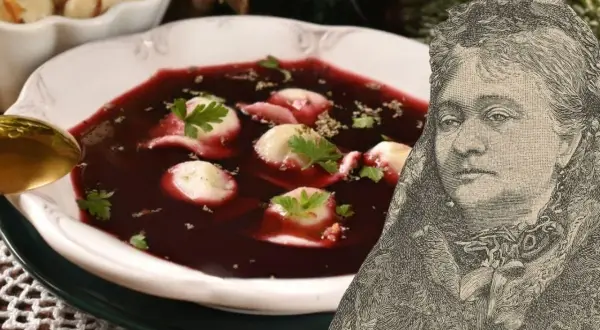 Talerz z barszczem czerwonym i uszkami, obok portret kobiety w stylu retro.