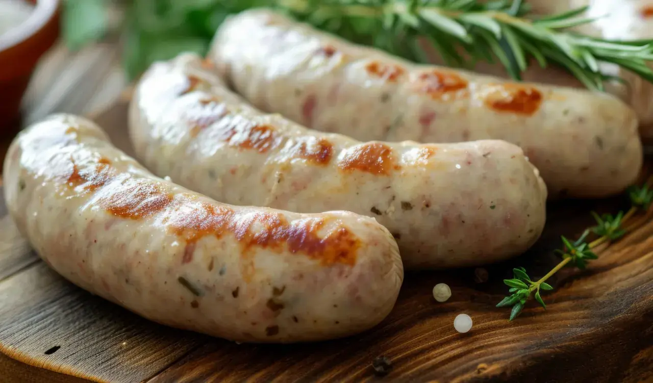 Soczyste, grillowane kiełbaski na drewnianej desce. Idealne do podania, gdy zastanawiasz się, w jakiej temperaturze parzyć kiełbasę po wędzeniu.