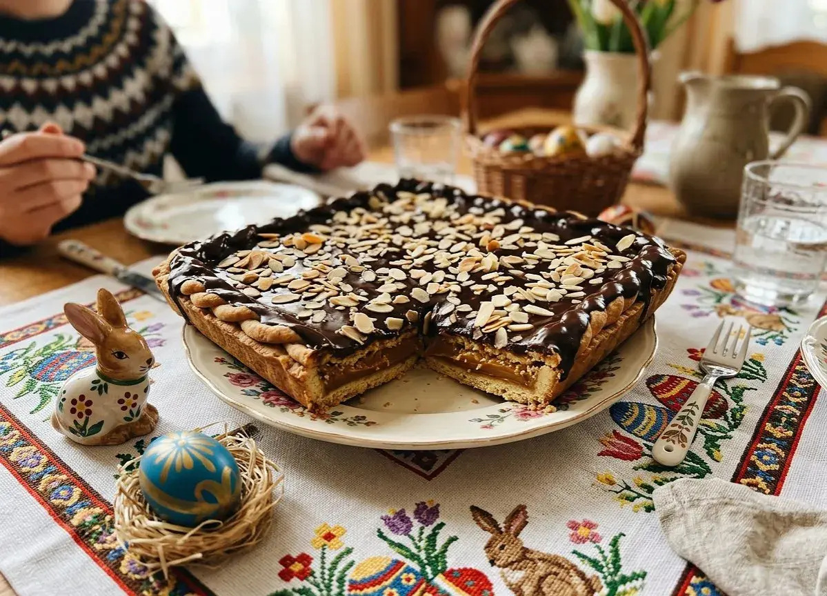 Mazurek wielkanocny z czekoladą i migdałami na talerzu, ozdobiony zajączkiem i pisanką.