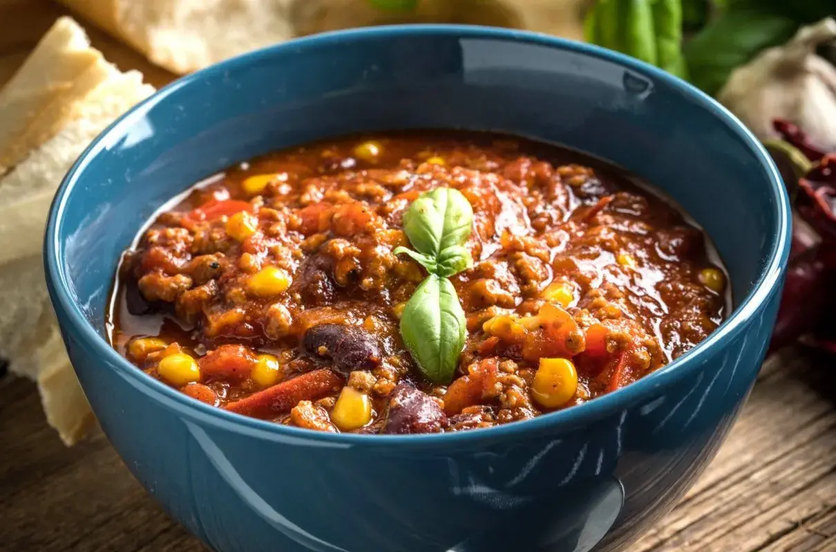 Miska z gęstym, aromatycznym chili con carne z fasolą, kukurydzą i mięsem mielonym, ozdobiona listkiem bazylii.
