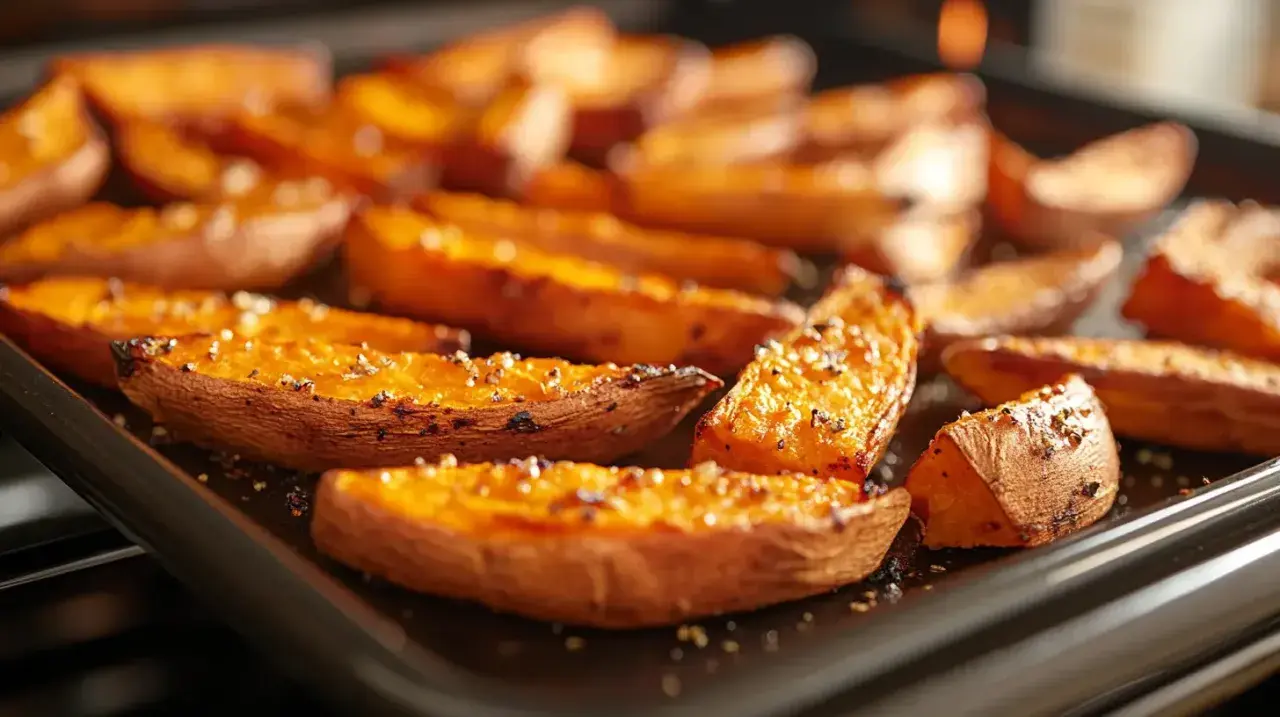 Pieczone frytki z batatów posypane solą i pieprzem. Idealne pytanie: jakie przyprawy do frytek z batatów?