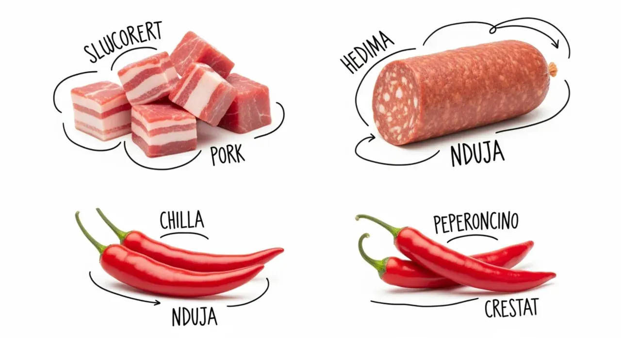 Kawałki wieprzowiny, salami nduja, papryczki chili i peperoncino.