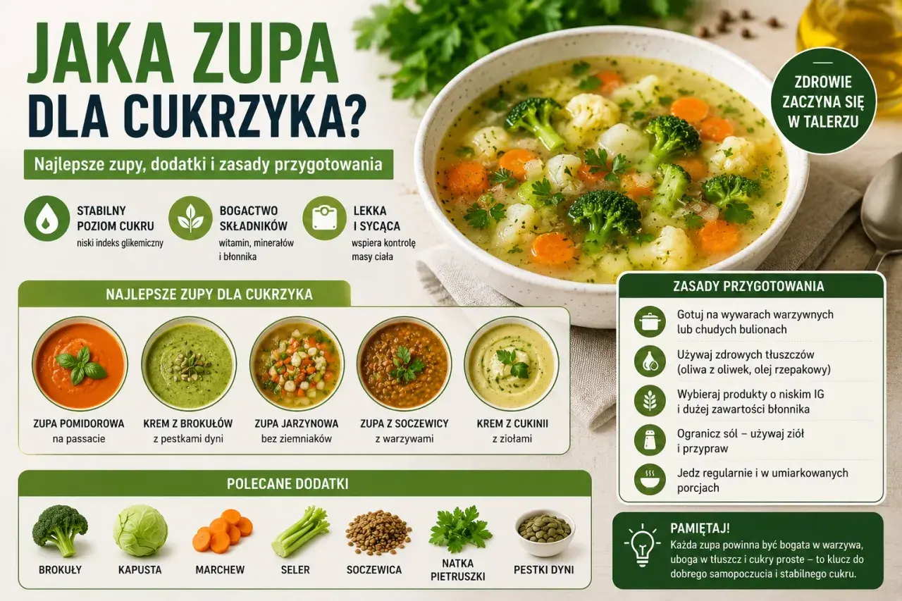 Jakie zupy dla cukrzyka typu 2? Na talerzu krem z brokułów, pomidorowa, jarzynowa i soczewicowa. Zdrowe, sycące i niskoglikemiczne.