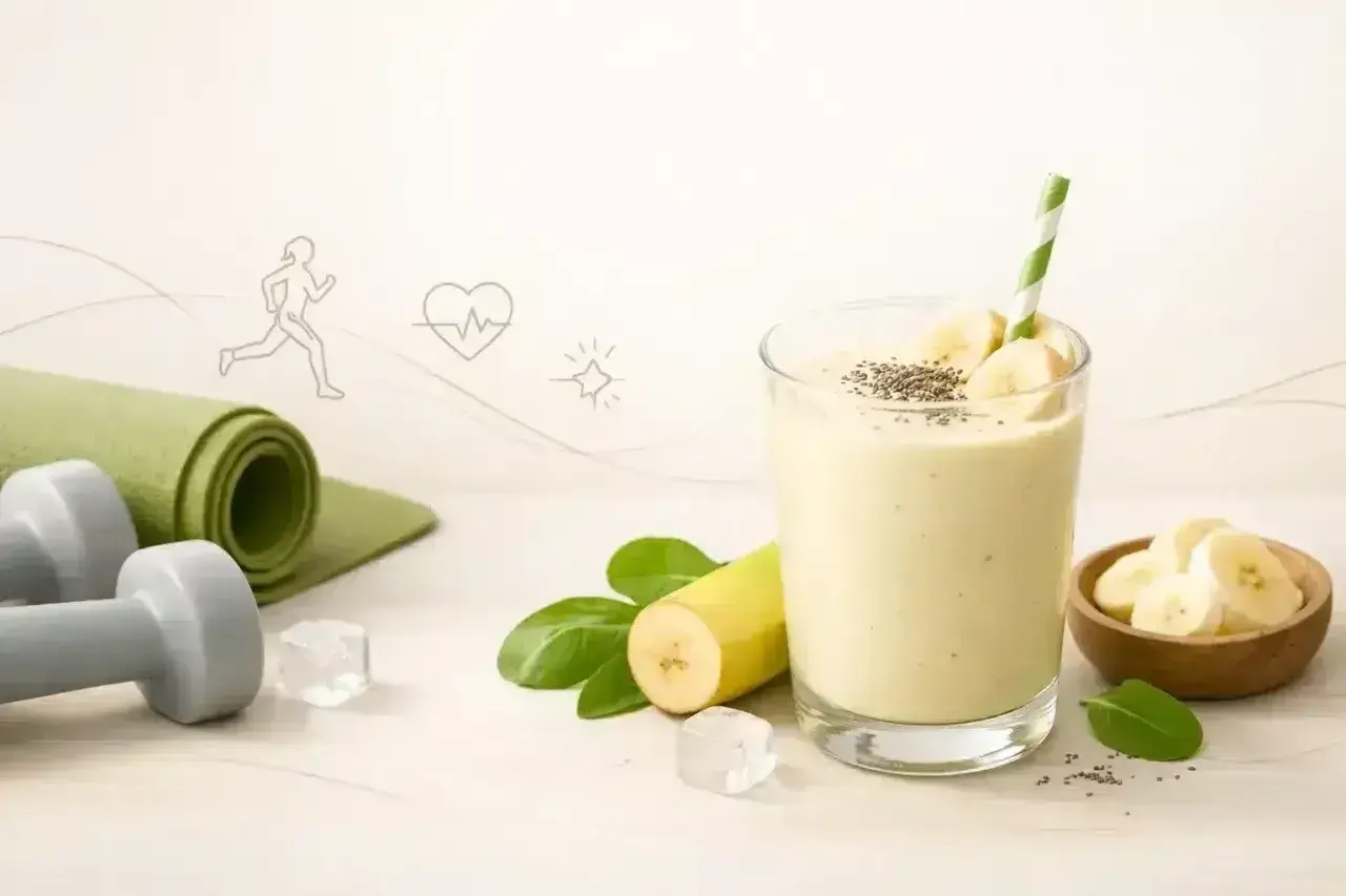 Szklanka koktajlu bananowego z nasionami chia, obok plastrów banana, liści i sprzętu do ćwiczeń.