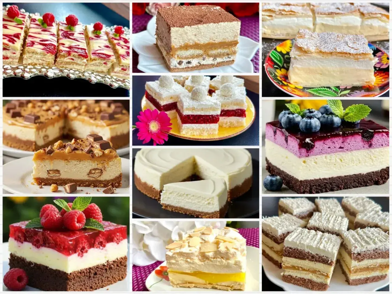 Kolaż zdjęć różnych ciast: sernik, tiramisu, ciasto z malinami i borówkami, kremówka i inne.