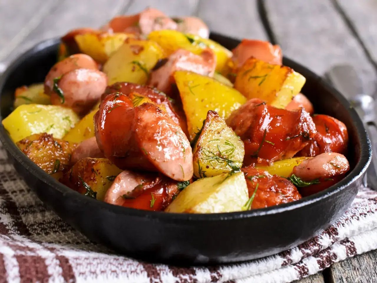 Pyszne pieczone ziemniaki z kiełbasą i koperkiem. Idealne danie, co zrobic z kielbasa na obiad.