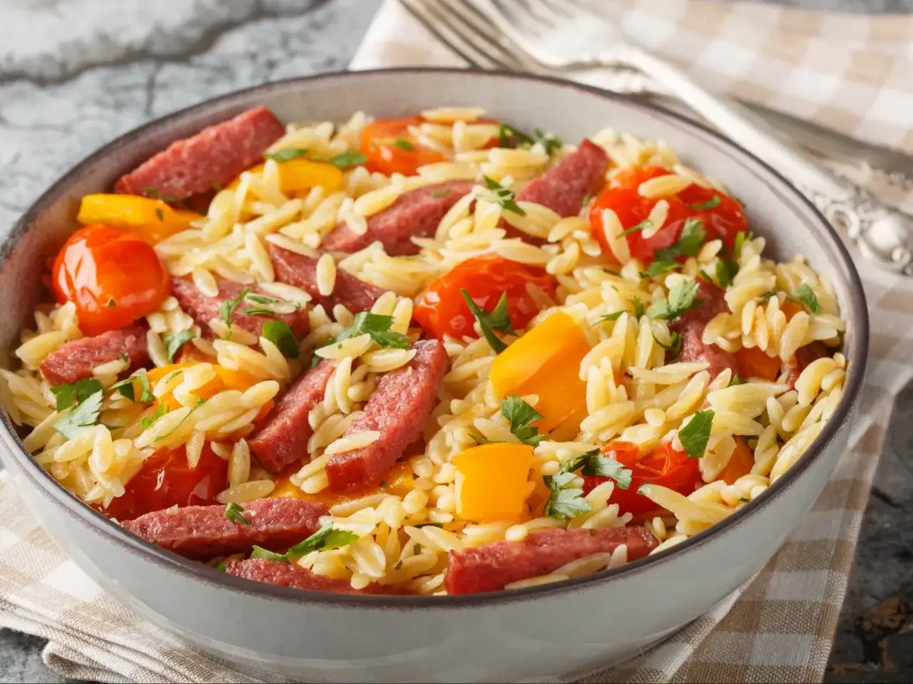 Miseczka makaronu orzo z pomidorkami, papryką i kiełbasą, posypana natką pietruszki.