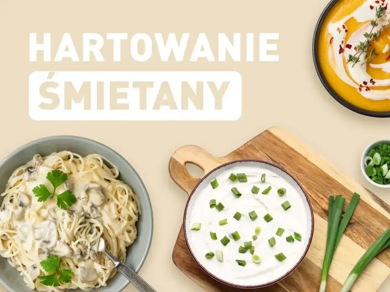 Kremowa śmietana do zupy krem, podana z makaronem i zupą dyniową. Idealna do hartowania.