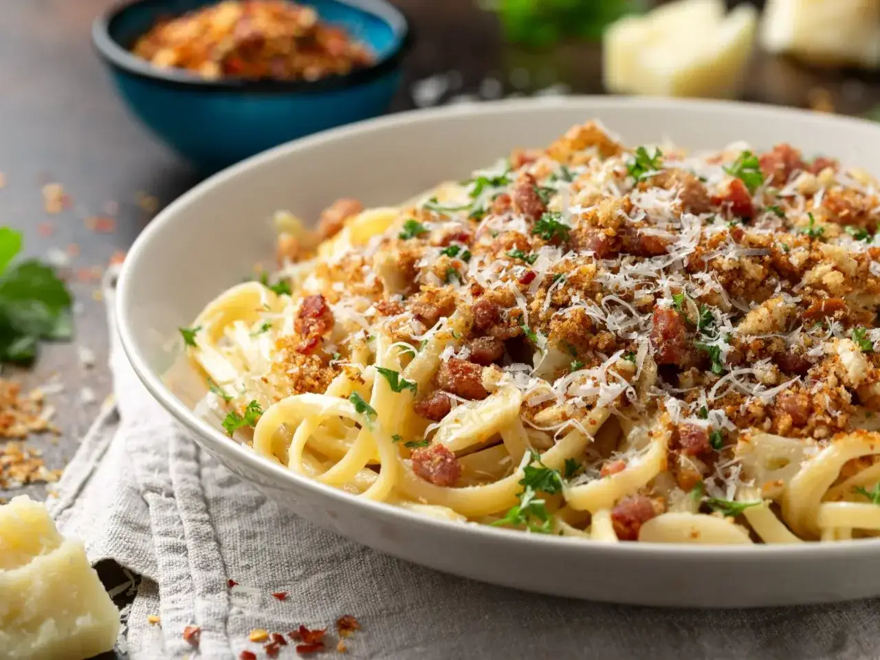 Pyszne spaghetti z chrupiącymi dodatkami: bekonem, bułką tartą i parmezanem. Idealne dopełnienie dania.