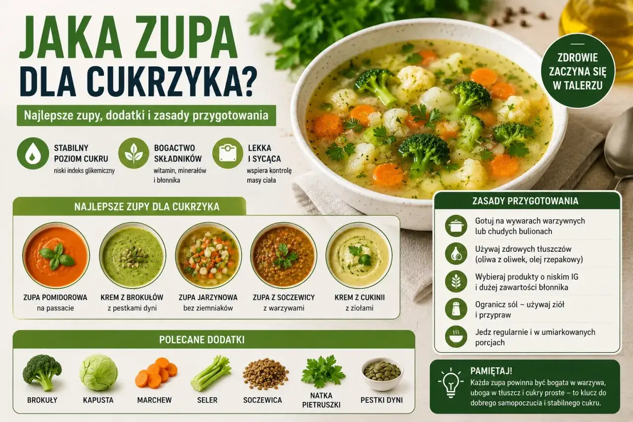 Jakie zupy dla cukrzyka typu 2? Na zdjęciu: zupa jarzynowa, krem z brokułów, pomidorowa, soczewicy i cukinii. Zdrowe dodatki i zasady przygotowania.