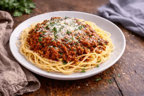 Talerz spaghetti z sosem bolońskim, posypany parmezanem i natką pietruszki.
