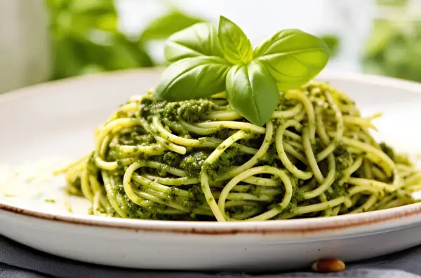 Makaron spaghetti z zielonym pesto, udekorowany listkami bazylii, na białym talerzu.