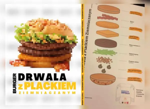 Pikselowy burger Drwala z plackiem ziemniaczanym i składnikami.