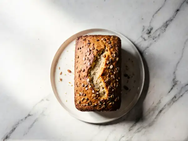 Chleb migdałowy bez glutenu z ziarnami na talerzu na marmurowym tle.