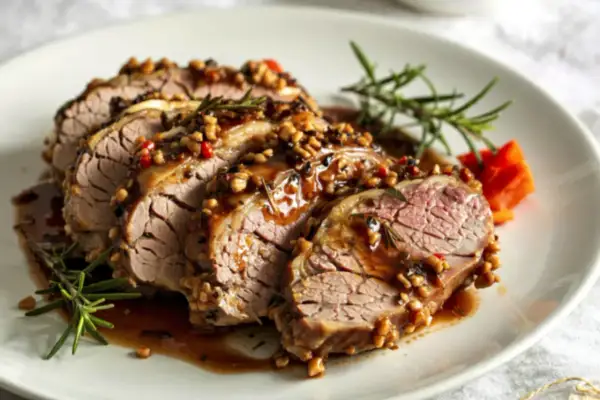 Pokrojona dziczyzna w sosie z orzechami i rozmarynem. Idealny sposób, jak przygotować dziczyznę do pieczenia, by była soczysta i aromatyczna.