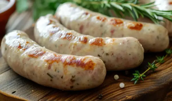 Soczyste, grillowane kiełbaski na drewnianej desce. Idealne do podania, gdy zastanawiasz się, w jakiej temperaturze parzyć kiełbasę po wędzeniu.