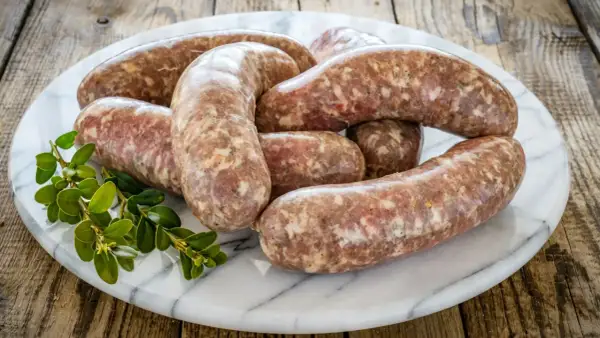 Surowa kiełbasa na marmurowej desce, gotowa do przyrządzenia. Zastanawiasz się, ile czasu parzyć surową kiełbasę?