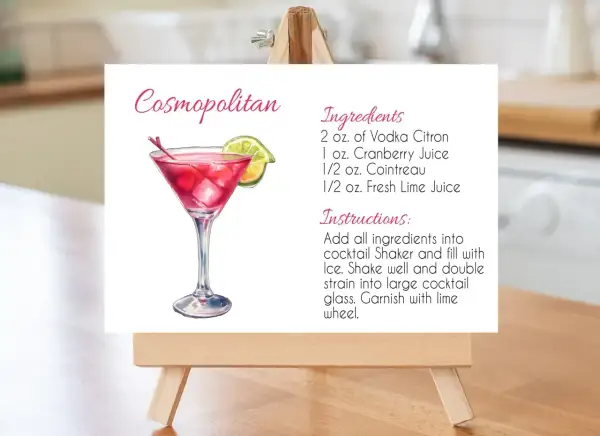 Karta z przepisem na drinka Cosmopolitan z ilustracją koktajlu i listą składników.