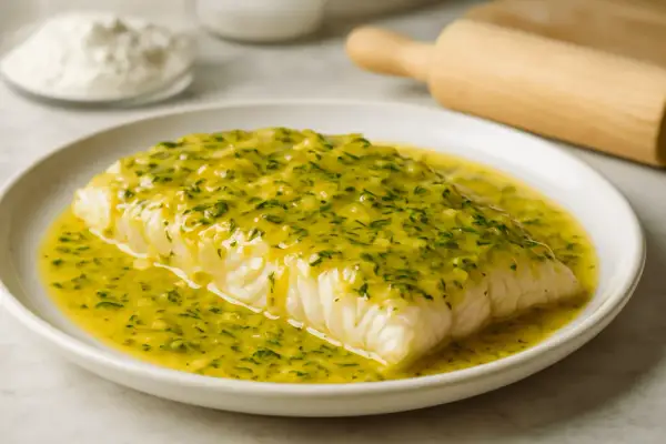 Filet ryby w żółtym sosie z ziołami na białym talerzu.