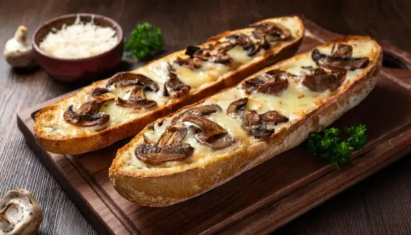 Dwie zapiekanki z bagietki z pieczarkami i serem na drewnianej desce.