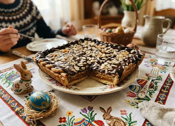 Mazurek wielkanocny z czekoladą i migdałami na talerzu, ozdobiony zajączkiem i pisanką.