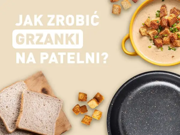 Kromki chleba, grzanki, miska zupy i patelnia.