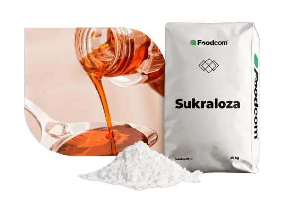 Biały proszek i płynna sukraloza w butelce na łyżce, obok worka z napisem "Sukraloza".