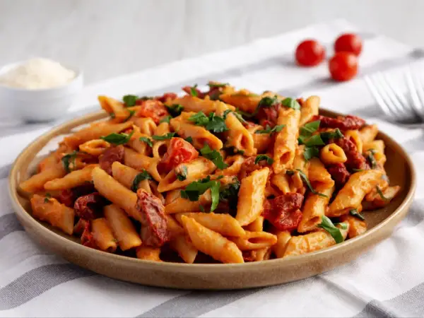 Talerz makaronu penne z sosem pomidorowym, suszonymi pomidorami i natką pietruszki.
