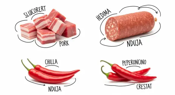 Kawałki wieprzowiny, salami nduja, papryczki chili i peperoncino.