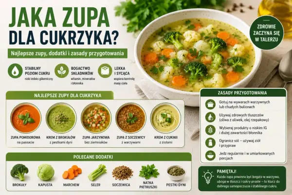 Jakie zupy dla cukrzyka typu 2? Na talerzu krem z brokułów, pomidorowa, jarzynowa i soczewicowa. Zdrowe, sycące i niskoglikemiczne.