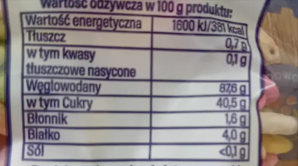 Fragment etykiety z wartościami odżywczymi ryżu preparowanego: energia, tłuszcz, węglowodany, białko.