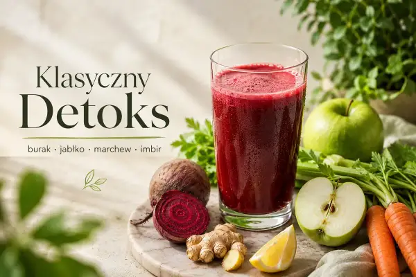 Szklanka czerwonego soku z buraka, obok buraki, jabłko, marchew, imbir i cytryna.