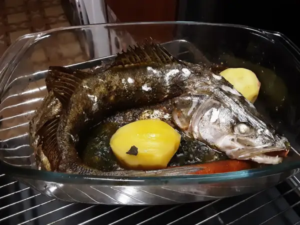 Pieczony sandacz z ziemniakami i marchewką w naczyniu żaroodpornym.