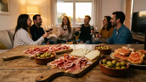 Stół z tapas: szynka, ser, oliwki i pieczywo z pomidorami, w tle ludzie pijący wino.