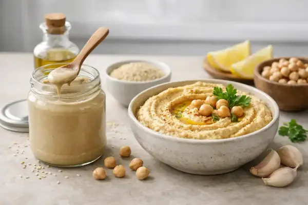 Pasta sezamowa tahini w słoiku, miska hummusu, ciecierzyca, cytryna i czosnek.