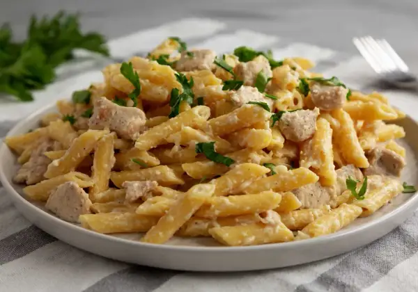 Penne w kremowym sosie ze smakowitymi kawałkami kurczaka, posypane świeżą natką pietruszki. Idealne danie na szybki obiad.