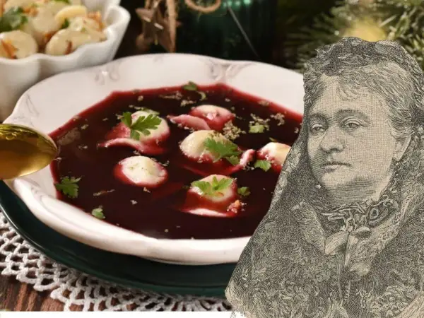 Talerz z barszczem czerwonym i uszkami, obok portret kobiety w stylu retro.