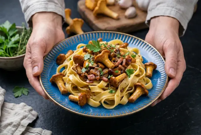 Talerz makaronu tagliatelle z kurkami i ziołami, podany przez ręce.